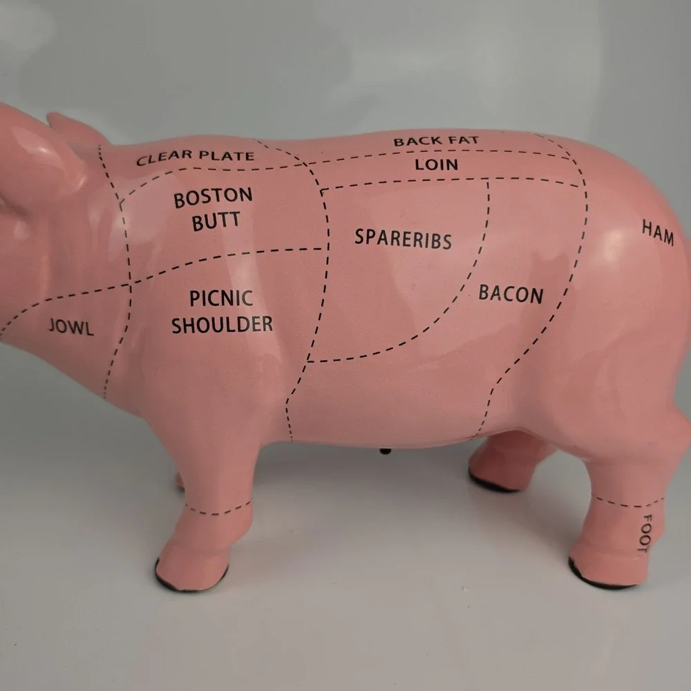 Pink Ceramic Pig Coin Bank Butcher Diagram Pork Cuts Kitchen Farmhouse